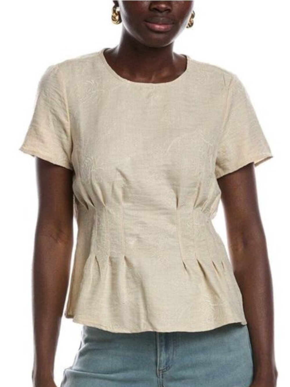 Vince Camuto Women's Pleat Waist Blouse Tan Stiched Peplum Casual Size M